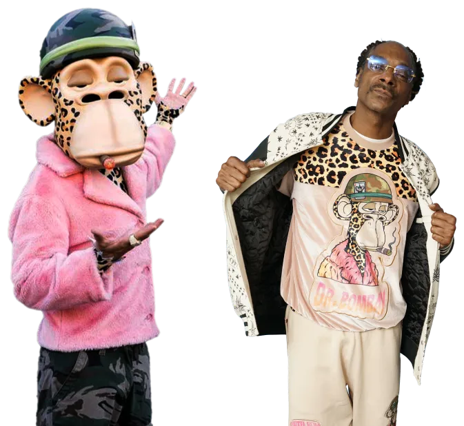 Man wearing fashionable clothes beside graphic of monkey with human posture and style.