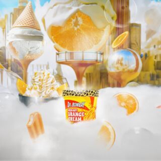 Surreal orange cream soda advertisement with floating oranges, ice cream, and effervescent backdrop.