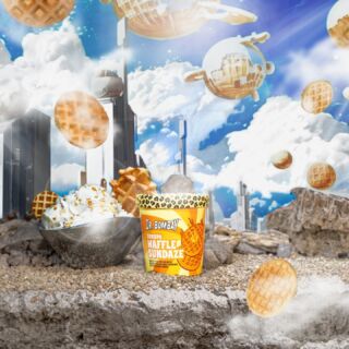 Surreal cityscape with floating waffle planets and a popcorn-filled crater advertising a waffle sundae.